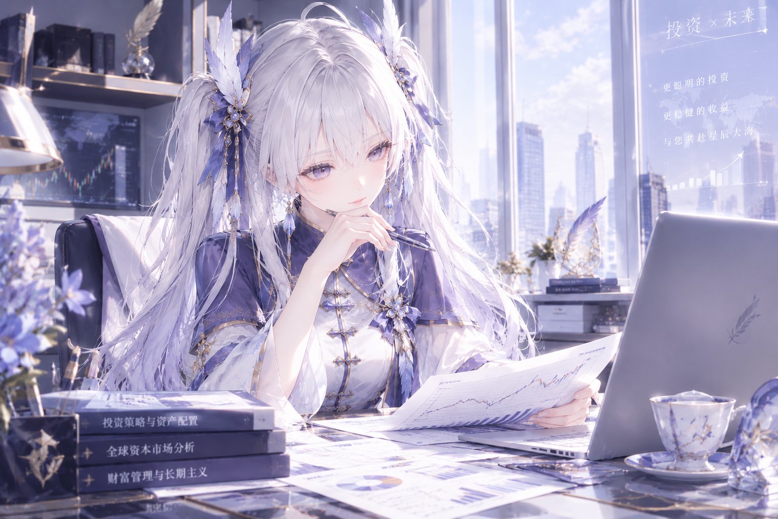 看板娘琉羽的办公桌：白紫长发的她正在研究K线与财务报表