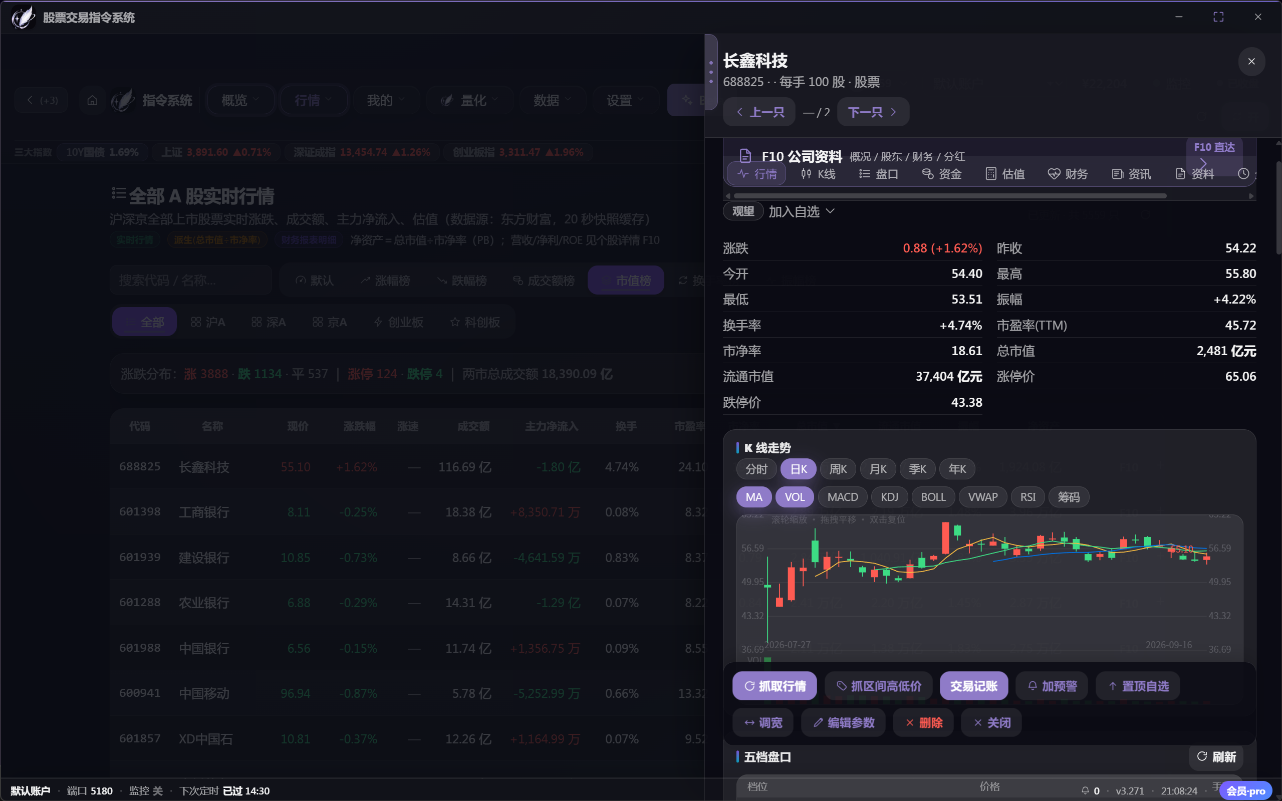 全部 A 实时行情与自绘 K 线详情实机截图